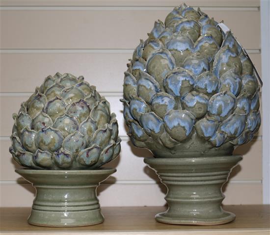 2 glazed pottery Artichoke finials